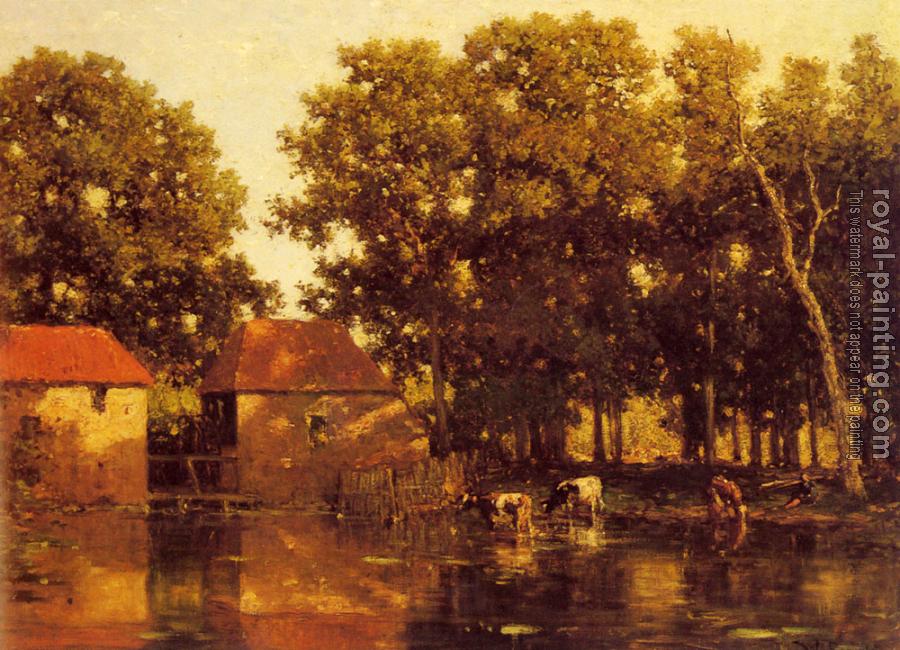 Willem Roelofs : A Sunlit River Landscape With Cows Watering